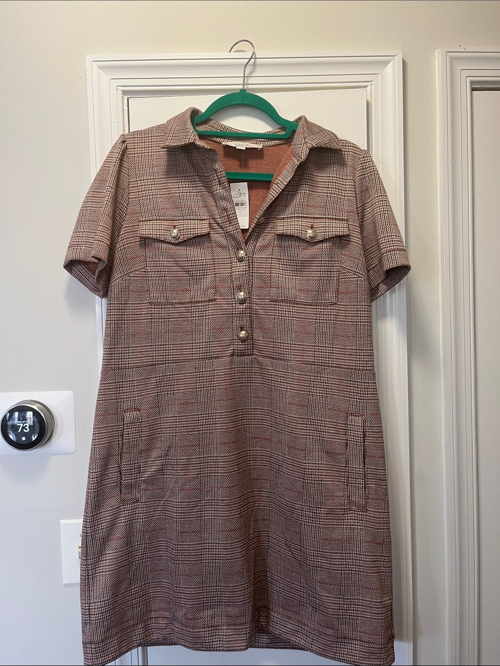 Plaid Short-Sleeve Shift Dress in Neutral Tones